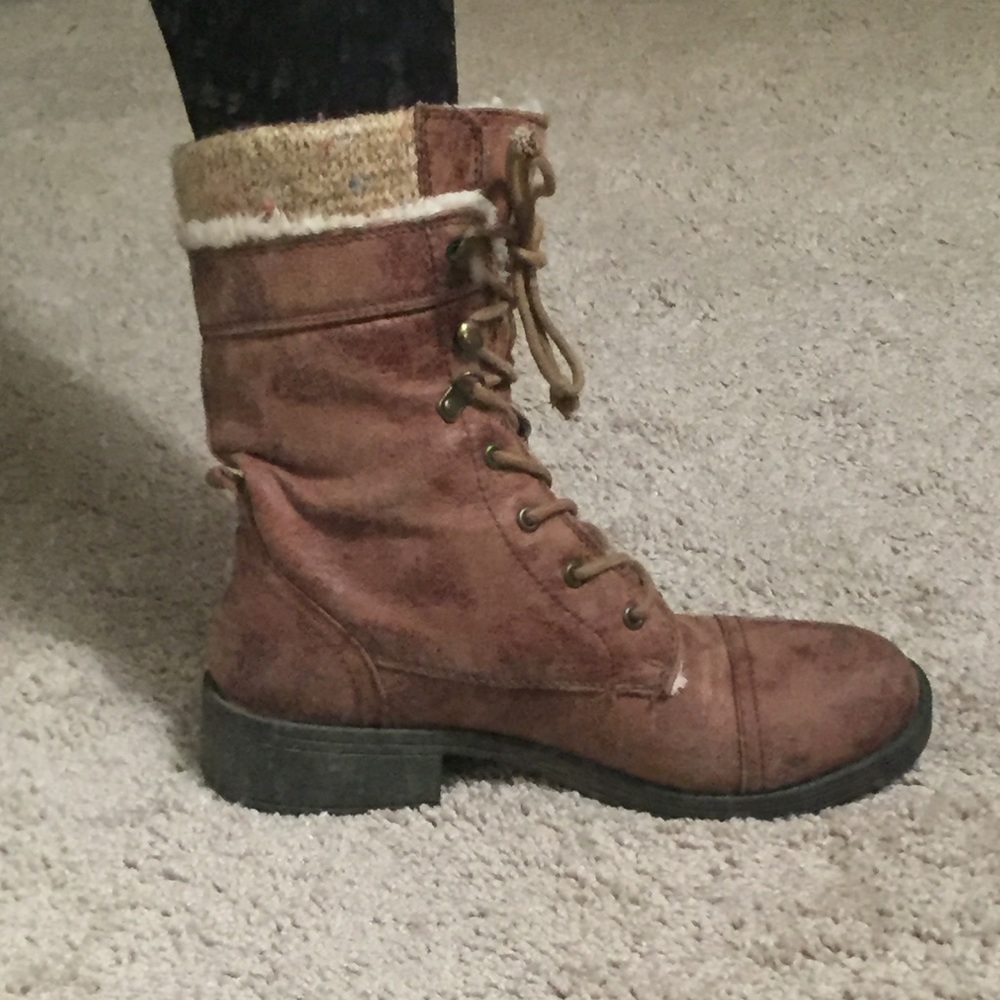 Brown leather combat boots